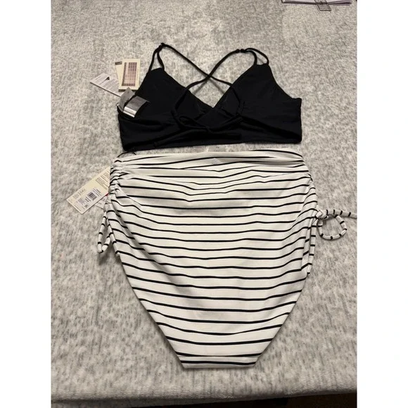 Calia  Womens swim Bikini Set Black Halter Top Striped High Waisted Bottoms NWT - Picture 6 of 6